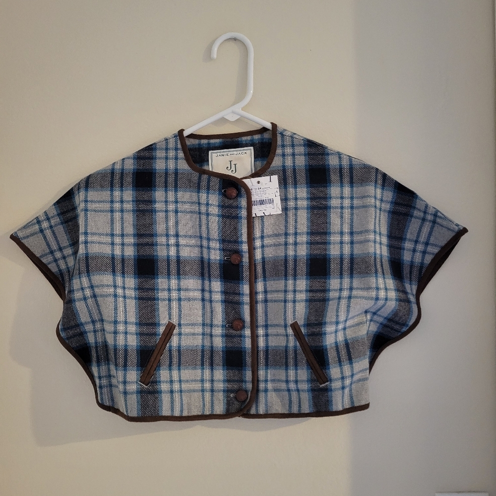 NWT Janie and Jack Blue Plaid Pocket Button Up Cape PONCHO EQUESTRIAN 18-24m